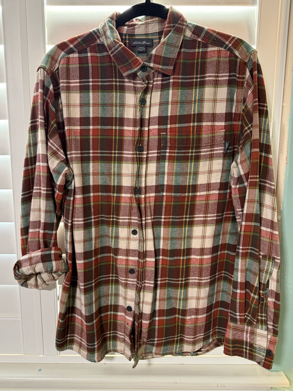 Eddie Bauer Plaid Button-Down Shirt in Burgundy, Green & White